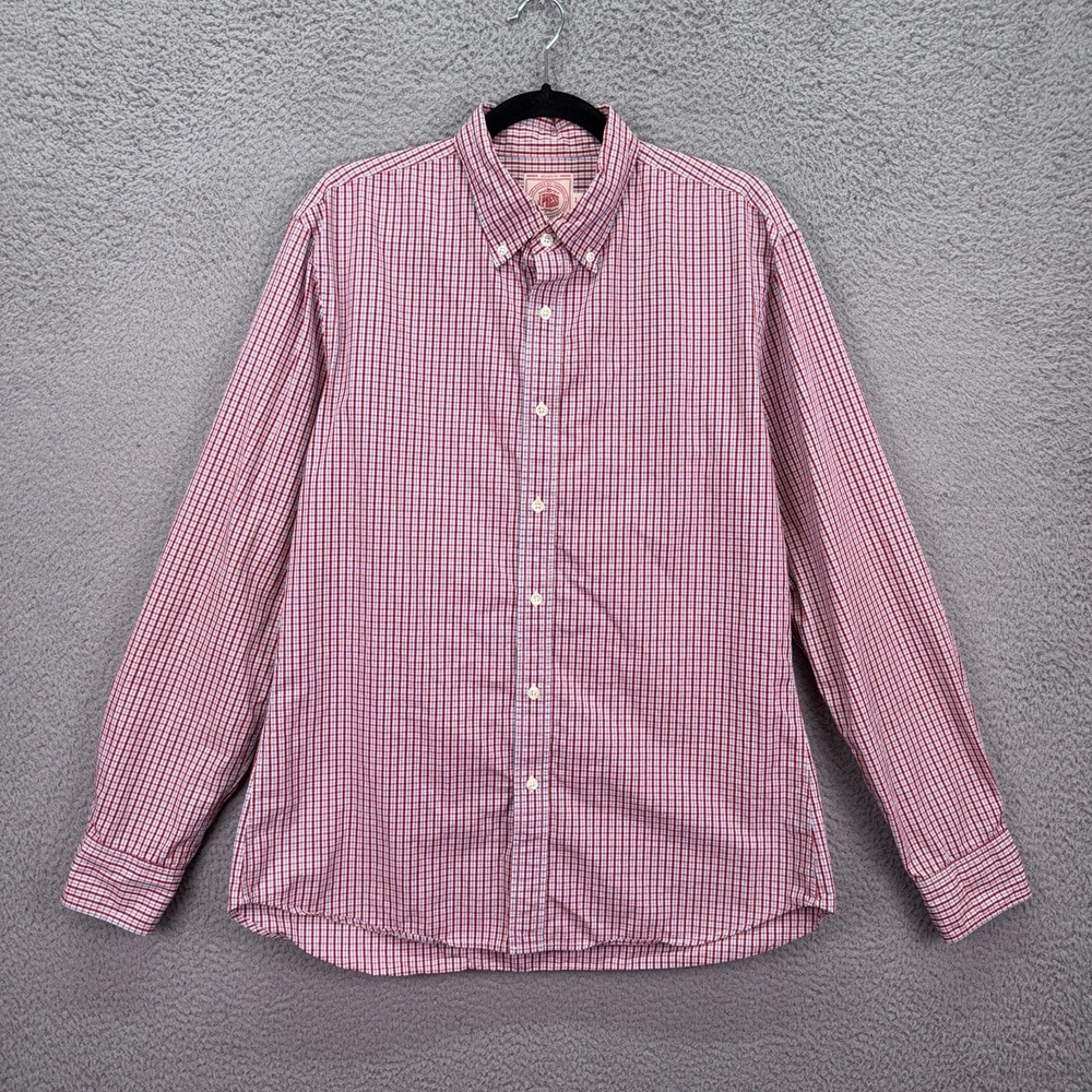 J Press Shirt Mens L Red Blue Check Button Preppy Classic USA Made Quiet Luxury